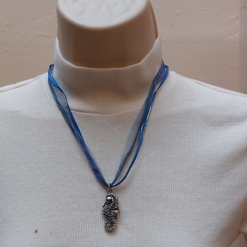 Winged Seahorse Silver Tone Pendant Blue Ribbon Multistrand Necklace